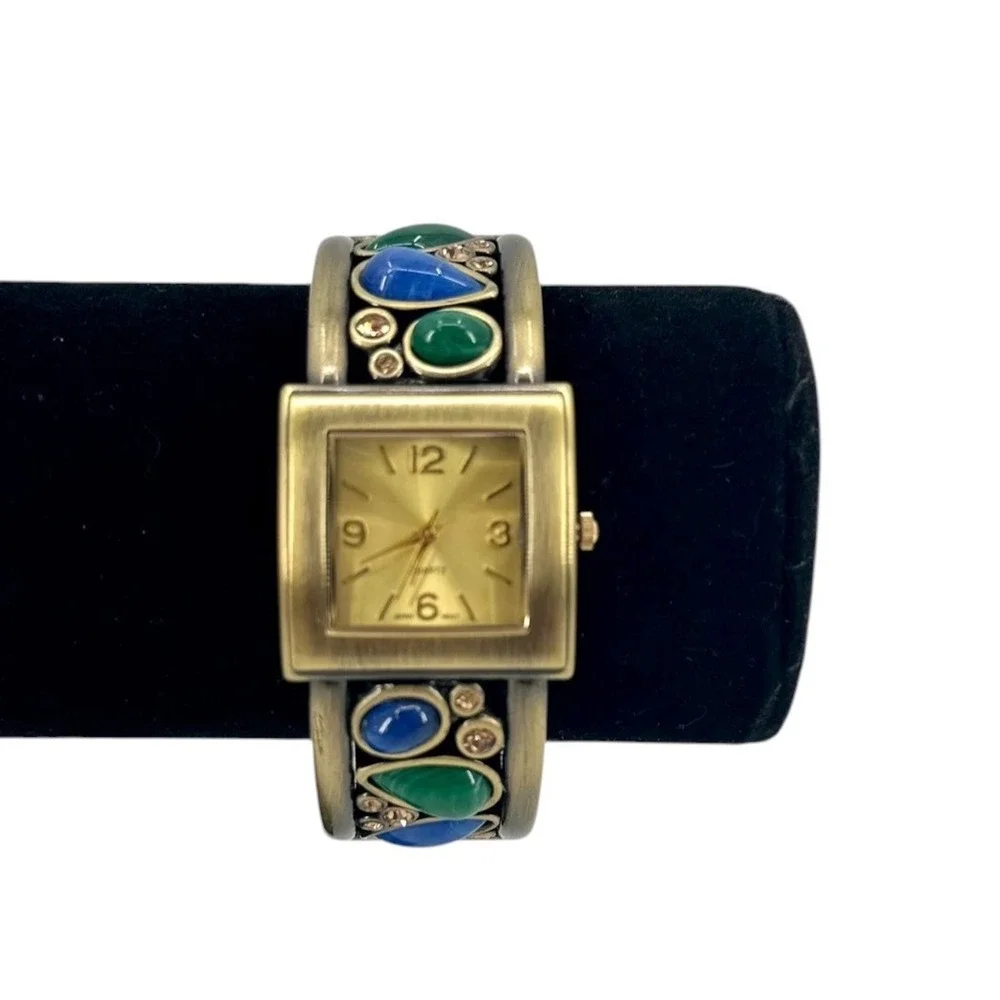 Vintage Womens Cuff Bracelet Watch Cabochon Gold Tone Square Face New Battery